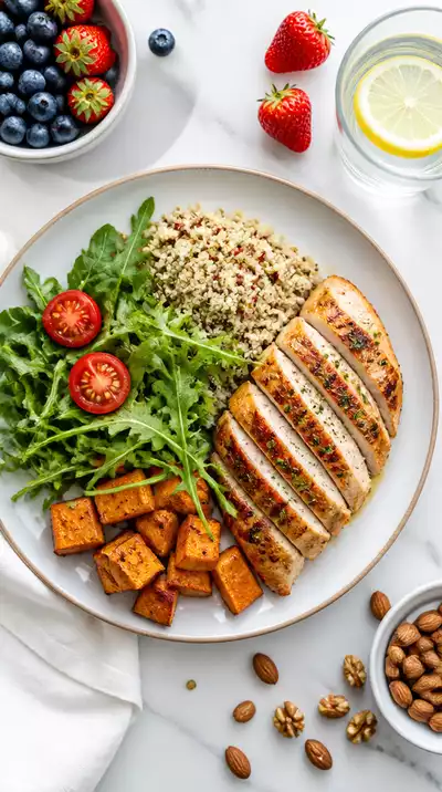 A balanced meal with fruits, vegetables, and lean protein, representing healthy eating on non-fasting days for the 5:2 protocol, clean image, no text, no words, no typography