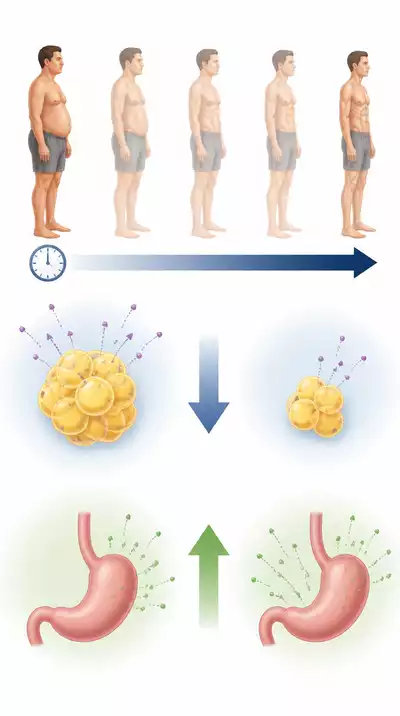 Scientific illustration showing hormonal shifts like leptin and ghrelin levels during prolonged fasting, with arrows indicating increase or decrease
