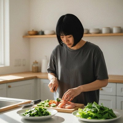 Person preparing a healthy meal with fresh ingredients for a 5:2 fasting day, no text, no words, no typography, clean image