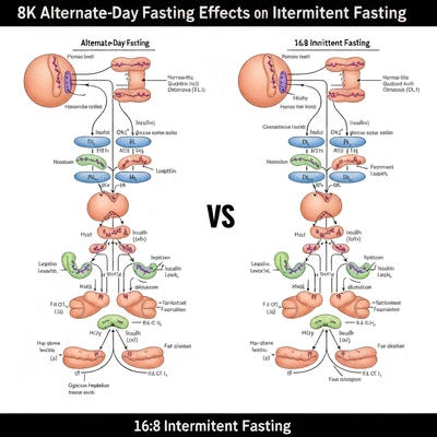 Scientific illustration comparing Alternate-Day Fasting and 16:8 Intermittent Fasting effects on metabolism, clean image