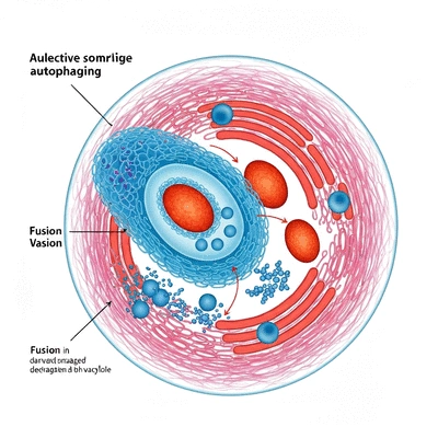 Microscopic view of cellular recycling process with autophagosome engulfing damaged components