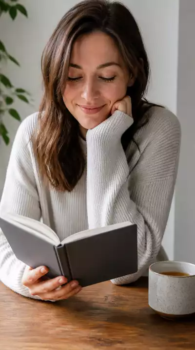 Woman happily reflecting on her health journal, with a calm and positive expression