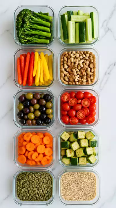 Healthy meal prep containers with various FMD-compliant foods, clean kitchen background, no text, no words, no typography