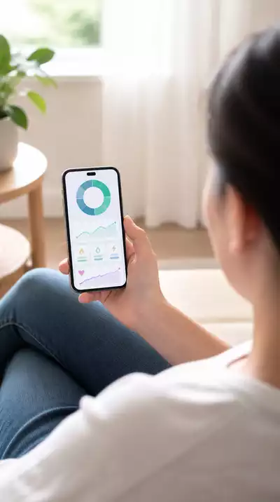 Person looking at a health tracking app on a smartphone, displaying fasting schedule and metrics