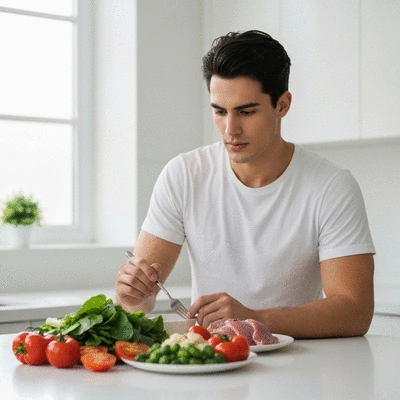 Person looking at a healthy meal with fresh vegetables and lean protein on a clean kitchen counter