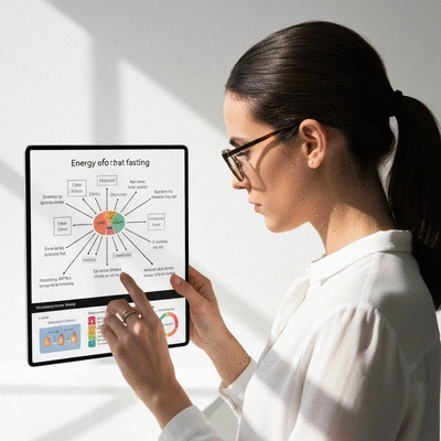 Person looking at a chart showing energy shifts from glucose to fat during fasting
