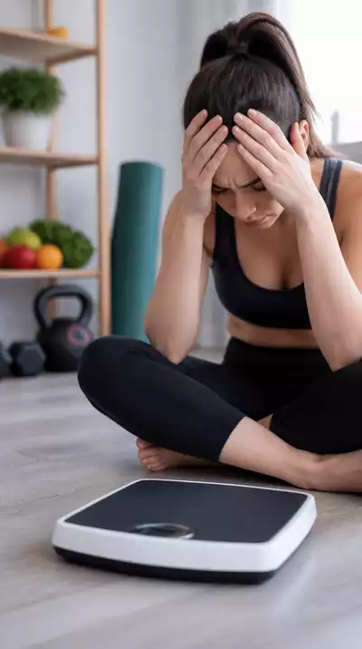 Person looking frustrated at a weighing scale with a blurred background of healthy food and exercise equipment, representing a weight loss plateau
