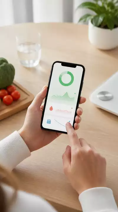 Person using a mobile app to track fasting progress, with health metrics displayed