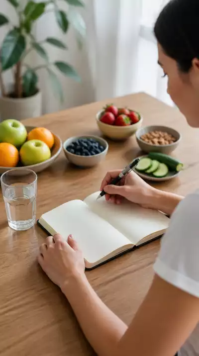Person writing in a health journal with a pen, surrounded by healthy fruits and a glass of water