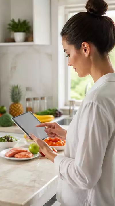 Person logging food intake on a tablet, with healthy food on a kitchen counter in the background
