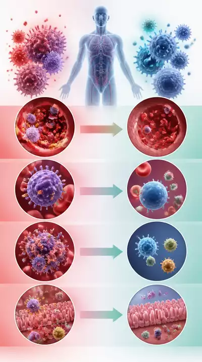 Scientific illustration of inflammation markers and cells being positively affected by fasting, clean image