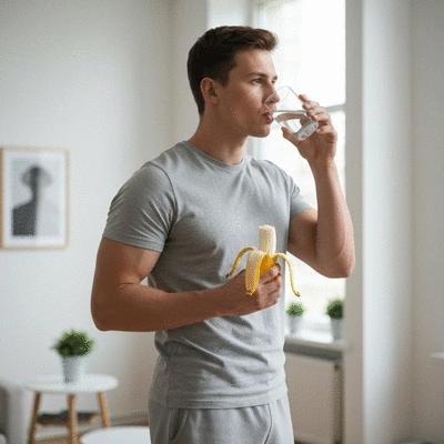 Person drinking water and eating a piece of fruit on a non-fasting day, healthy lifestyle, bright and clean environment