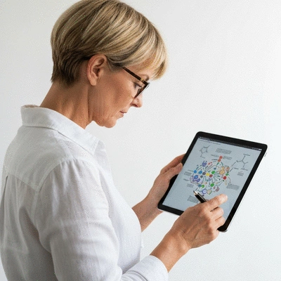 Person studying a complex diagram of metabolic pathways