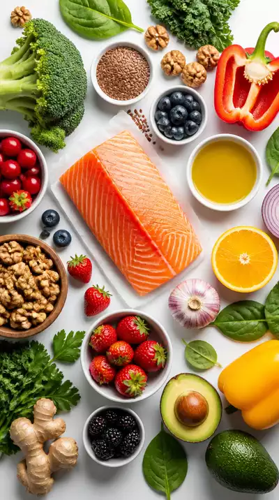 Healthy food choices like fatty fish, walnuts, flaxseeds, and colorful fruits and vegetables, clean image