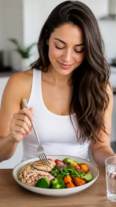 Woman enjoying a healthy meal mindfully during her eating window