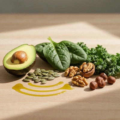 Assortment of healthy, low-carb foods including avocados, leafy greens, and nuts