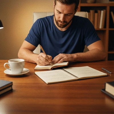 Person journaling or tracking progress on a tablet, with a healthy meal in the background