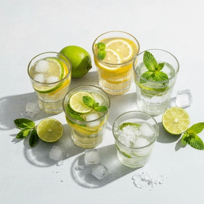 Variety of homemade electrolyte drinks with natural ingredients