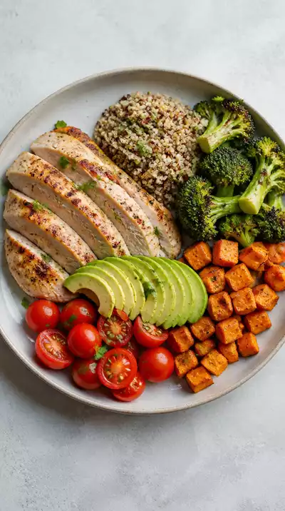 A balanced plate with nutrient-dense whole foods like lean protein, vegetables, and healthy fats, on a clean, light background