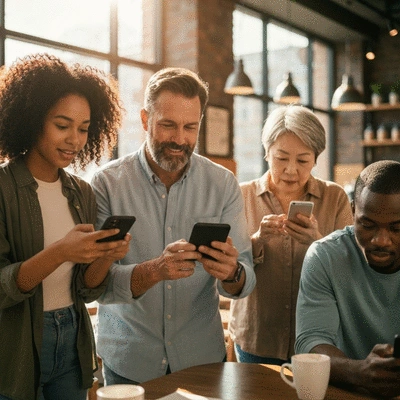 Diverse group of people engaging in a supportive online forum discussion about intermittent fasting on various devices, bright and modern setting