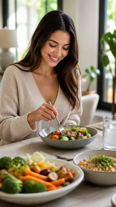 Woman enjoying a healthy meal during her eating window, smiling