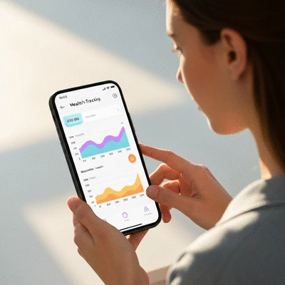 Person using a health tracking app on a smartphone, with charts and graphs related to metabolic health and insulin levels