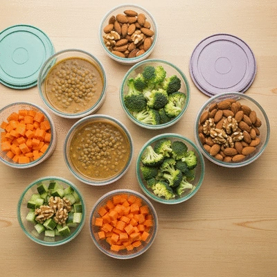 Overhead shot of various meal prep containers filled with healthy, gentle foods like soup, pre-chopped vegetables, and nuts, on a light wooden table, no text, no words, no typography, 8K