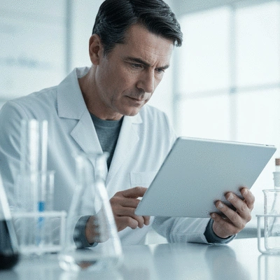 Scientist analyzing research data on a tablet, symbolizing critical analysis of health research