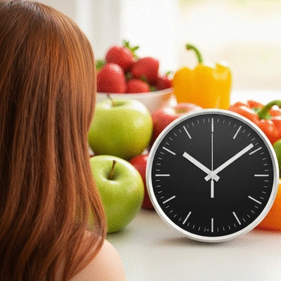 Person looking at a clock, symbolizing time-restricted eating, with healthy foods in the background