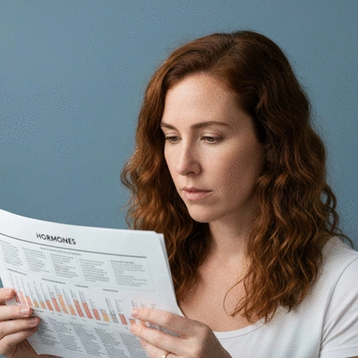 Woman looking thoughtfully at a chart of hormones, focused on health, clean background, no text, no words, no typography, 8K
