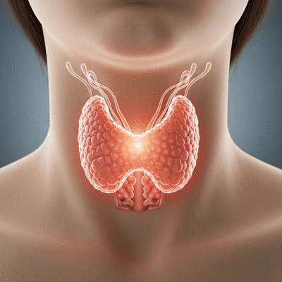 Close-up of a person's neck area, highlighting the thyroid gland with an abstract representation of hormones flowing