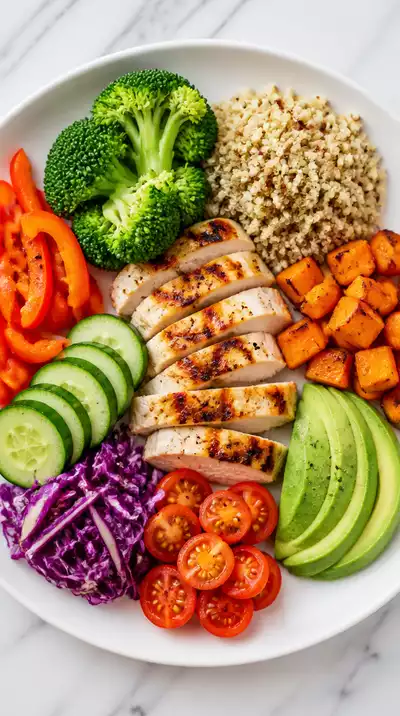 Overhead shot of a vibrant, healthy meal with various vegetables, lean protein, and complex carbohydrates on a clean white plate.