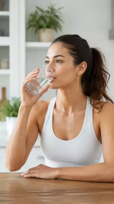 Woman drinking water while sitting at a kitchen table, illustrating hydration during prolonged fasting