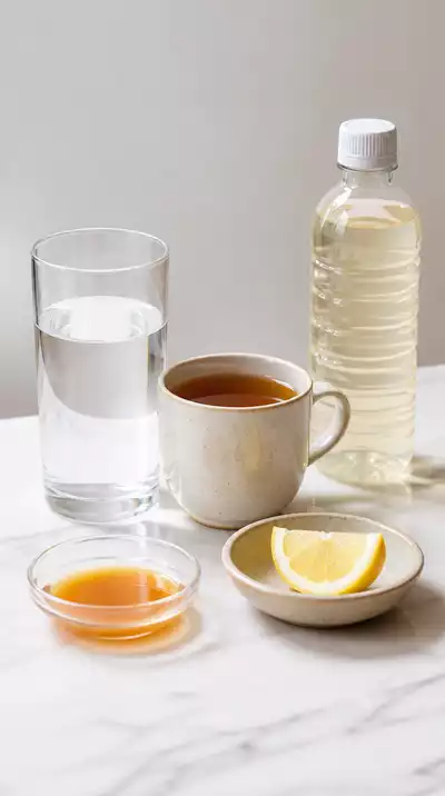 Assortment of fasting-friendly items like water bottle, herbal tea, and electrolytes on a clean surface, no text, no words, no typography, clean image